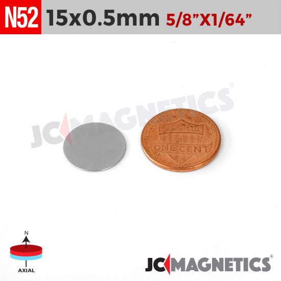 15mm x 0.5mm 19/32in x 1/64in N52 Thin Discs Rare Earth Neodymium Magnet 15x0.5mm