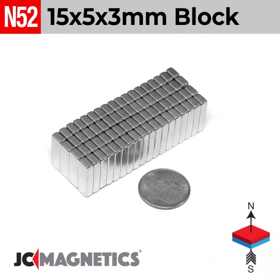 15mm x 5mm x 3mm N52 Thin Block Rare Earth Neodymium Magnet 15x5x3mm