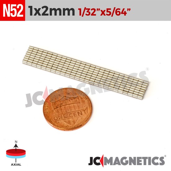 100pcs 1mm x 2mm 1/32in x 5/64in N52 Discs Cylinder Rare Earth Neodymium Magnets 1x2mm