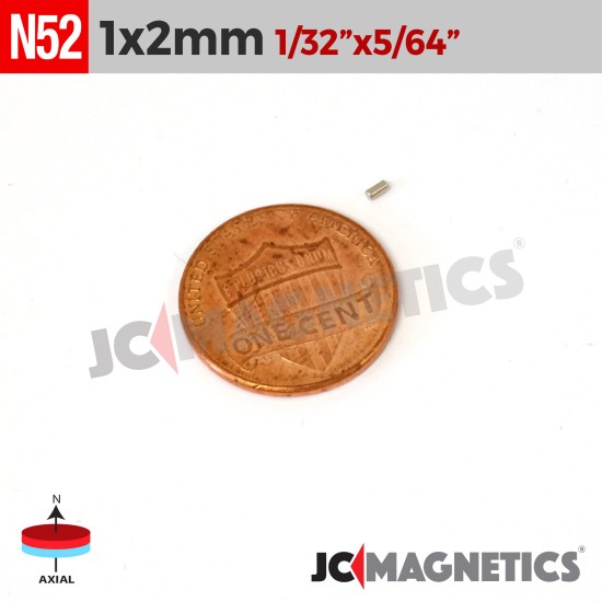 100pcs 1mm x 2mm 1/32in x 5/64in N52 Discs Cylinder Rare Earth Neodymium Magnets 1x2mm