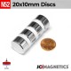20mm x 10mm 25/32in x 25/64in N52 Discs Rare Earth Neodymium Magnet 20x10mm