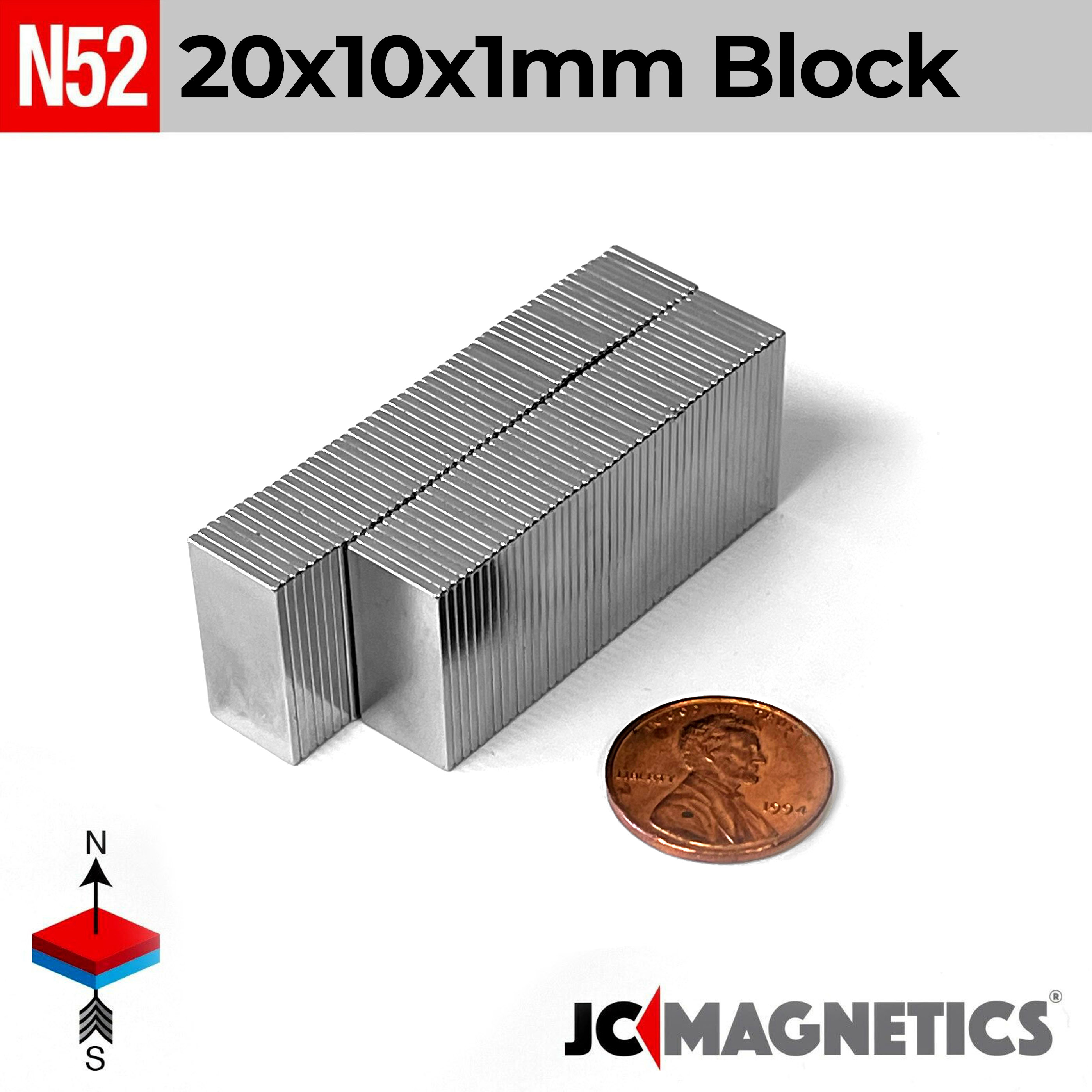 20mm x 10mm x 1mm N52 neodymium magnet blocks 25/32in x 25/64in x