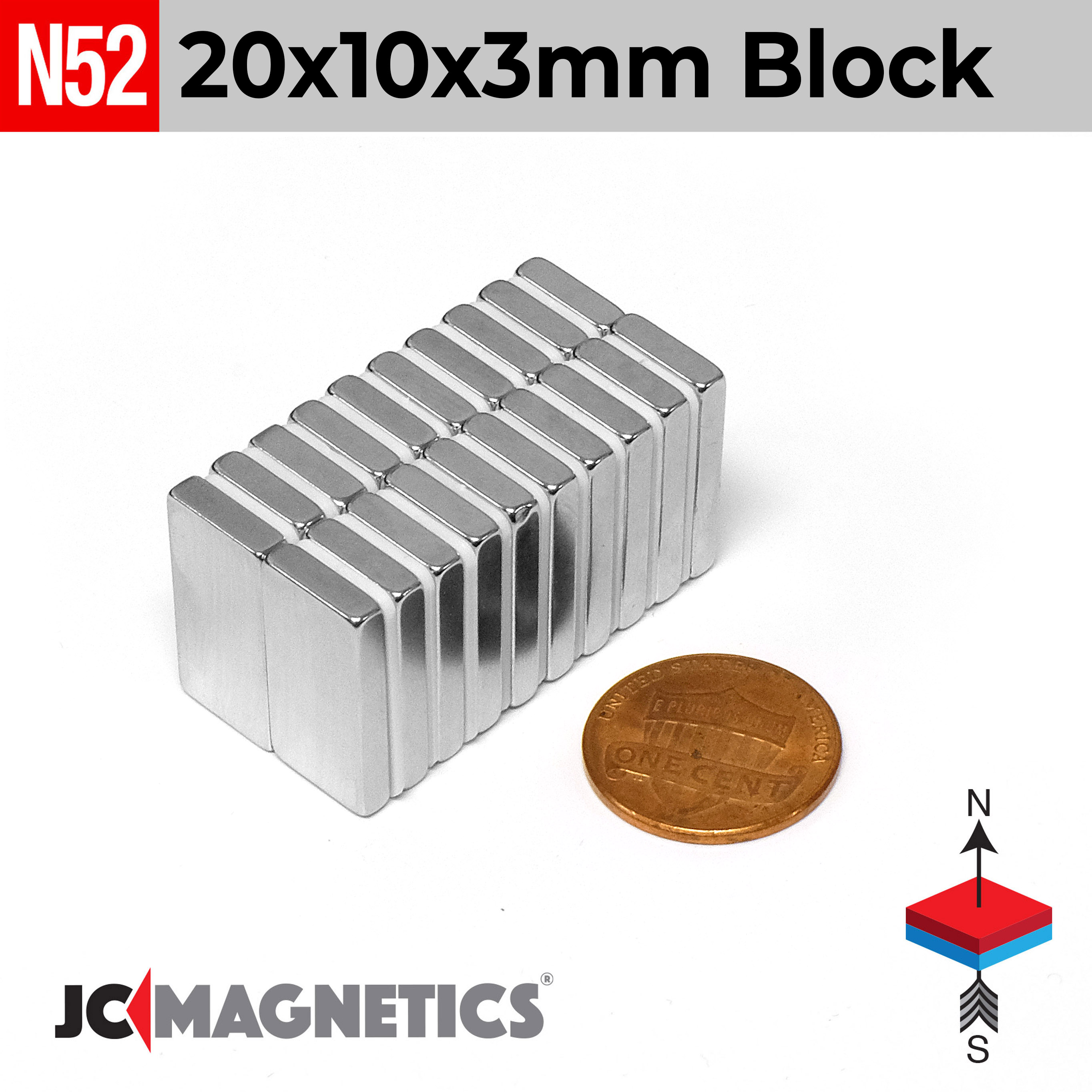 Neodymium Magnet Block 20x10x3mm N52 - 9.4lb Rare Earth Rectangle