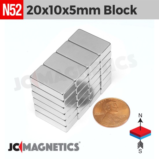 20mm x 10mm x 5mm N52 Block Rare Earth Neodymium Magnet 20x10x5mm