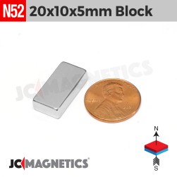 20mm x 10mm x 5mm N52 Block Rare Earth Neodymium Magnet 20x10x5mm