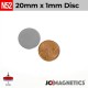 20mm x 1mm 25/32in x 1/32in N52 Discs Rare Earth Neodymium Magnet 20x1mm