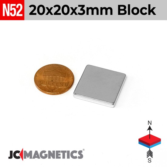 20mm x 20mm x 3mm N52 Square Block Rare Earth Neodymium Magnet 20x20x3mm
