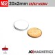 20mm x 2mm 25/32in x 5/64in N52 Discs Rare Earth Neodymium Magnet 20x2mm