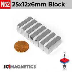 25mm x 12mm x 6mm N52 Block Rare Earth Neodymium Magnet 25x12x6mm