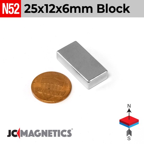 25mm x 12mm x 6mm N52 Block Rare Earth Neodymium Magnet 25x12x6mm