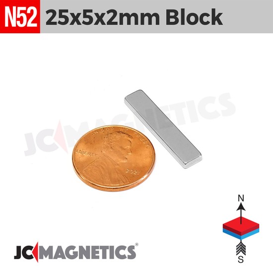 25mm x 5mm x 2mm N52 Block Rare Earth Neodymium Magnet 25x5x2mm