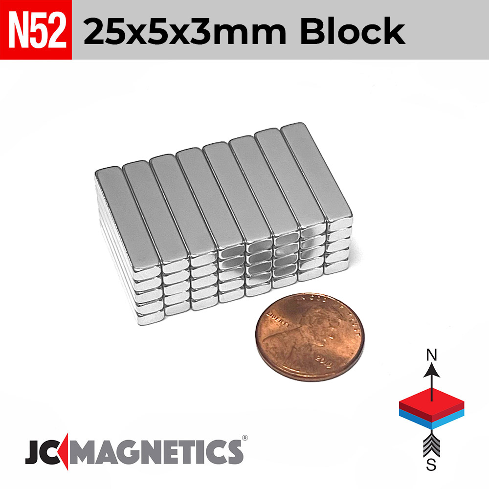 25mm x 5mm x 3mm thickness (approx. 1in x 3/16in x 1/8in) N52