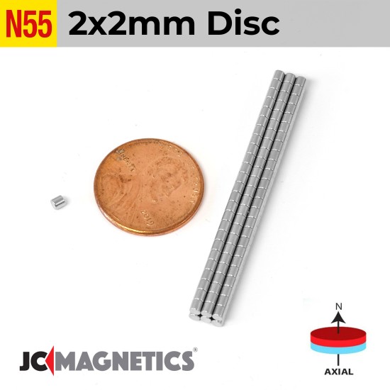 100pcs 2mm x 2mm 5/64in x 5/64in N55 Discs Cylinders Rare Earth Neodymium Magnets 2x2mm