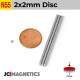 100pcs 2mm x 2mm 5/64in x 5/64in N55 Discs Cylinders Rare Earth Neodymium Magnets 2x2mm