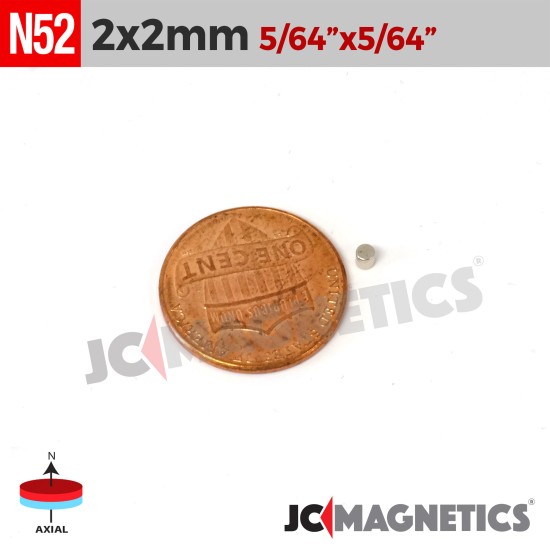 100pcs 2mm x 2mm 5/64in x 5/64in N52 Discs Cylinders Rare Earth Neodymium Magnets 2x2mm