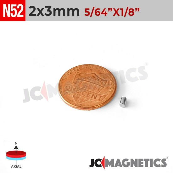 100pcs 2mm x 3mm 5/64in x 1/8in N52 Cylinder Disc Rare Earth Neodymium Magnets 2x3mm