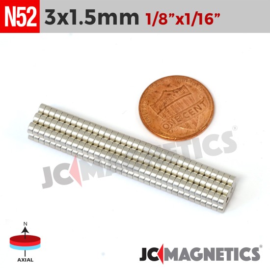 100pcs 3mm x 1.5mm 1/8in x 1/16in N52 Disc Rare Earth Neodymium Magnets 3x1.5mm