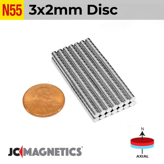 3mm x 2mm 1/8in x 5/64in N55 Disc Rare Earth Neodymium Magnets 3x2mm