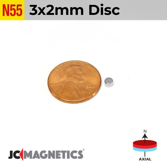 3mm x 2mm 1/8in x 5/64in N55 Disc Rare Earth Neodymium Magnets 3x2mm