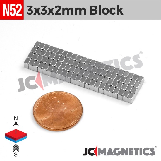3mm x 3mm x 2mm 1/8in x 1/8in x 5/64in N52 Rare Earth Neodymium Square Magnet Block 3x3x2mm