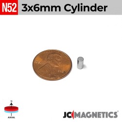 3mm x 6mm 1/8in x 15/64in N52 Cylinder Rare Earth Neodymium Magnet 3x6mm