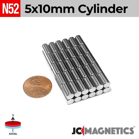 5mm x 10mm 13/64in x 25/64in N52 Cylinder Rare Earth Neodymium Magnet 5x10mm