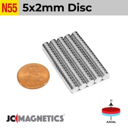 5mm x 2mm 13/64in x 5/64in N55 Discs Rare Earth Neodymium Magnet 5x2mm