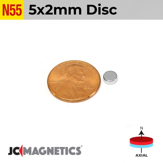 5mm x 2mm 13/64in x 5/64in N55 Discs Rare Earth Neodymium Magnet 5x2mm