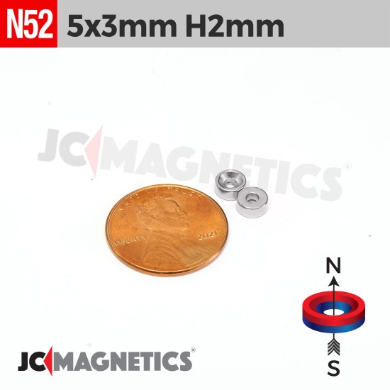 5mm x 3mm Hole 2mm N52 Countersunk Ring Rare Earth Neodymium Magnet 5x3mm H2mm