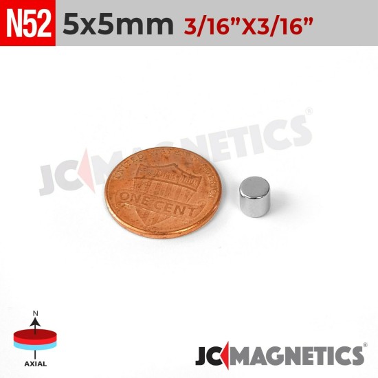 5mm x 5mm 13/64in x 13/64in N52 Discs Cylinder Rare Earth Neodymium Magnet 5x5mm