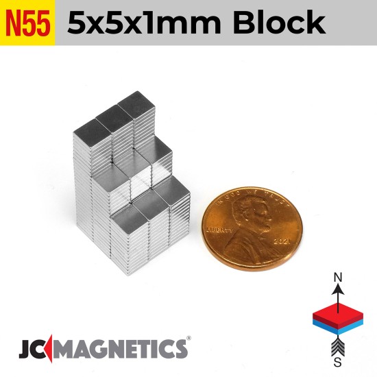5mm x 5mm x 1mm N55 Thin Square Block Rare Earth Neodymium Magnet 5x5x1mm