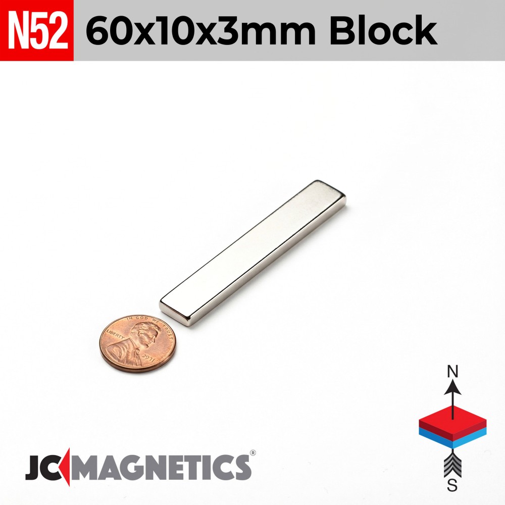 60mm x 10mm x 3mm N52 neodymium magnet blocks 2.36in x 25/64in x