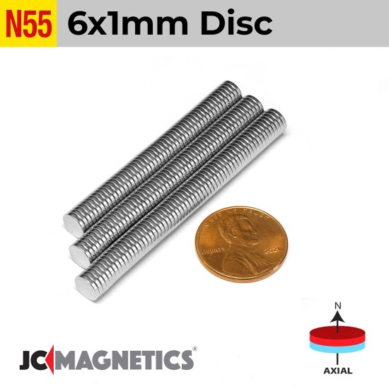 6mm x 1mm 15/64in x 1/32in N55 Thin Discs Rare Earth Neodymium Magnet 6x1mm