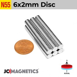 6mm x 2mm 15/64in x 5/64in N55 Discs Rare Earth Neodymium Magnet 6x2mm