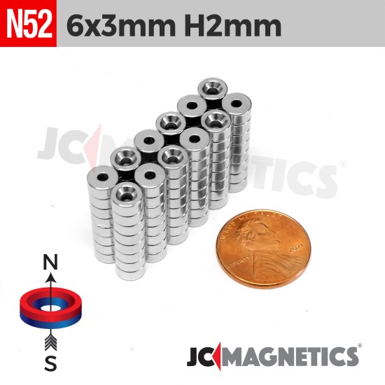 6mm x 3mm Hole 2mm N52 Countersunk Ring Rare Earth Neodymium Magnet 6x3mm H2mm