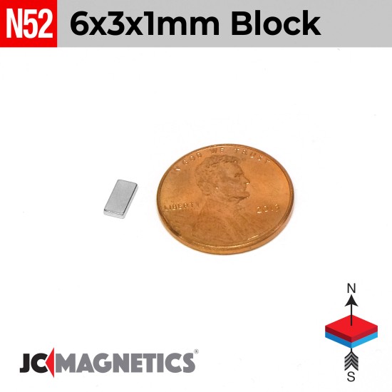 6mm x 3mm x 1mm N52 Thin Rare Earth Neodymium Magnet Block 6x3x1mm