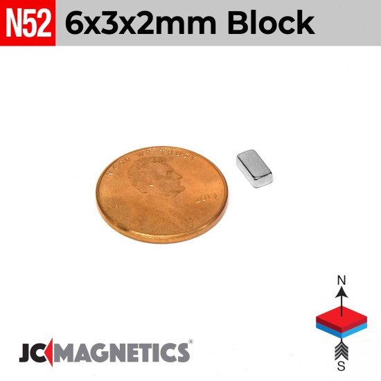 6mm x 3mm x 2mm N52 Rare Earth Neodymium Magnet Block 6x3x2mm