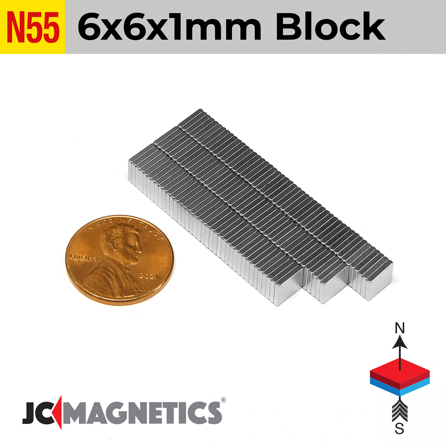 6mm x 6mm x 1mm N55 neodymium thin square magnet blocks 1/4in x 1