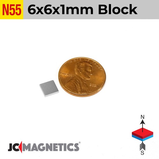 6mm x 6mm x 1mm N55 Thin Square Block Rare Earth Neodymium Magnet 6x6x1mm