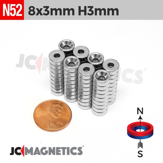 8mm x 3mm Hole 3mm N52 Countersunk Ring Rare Earth Neodymium Magnet 8x3mm H3mm