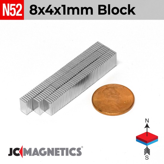 8mm x 4mm x 1mm N52 Thin Rare Earth Neodymium Magnet Block 8x4x1mm