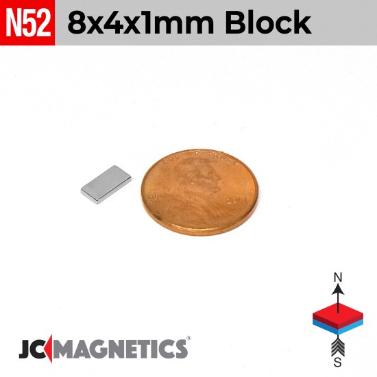 8mm x 4mm x 1mm N52 Thin Rare Earth Neodymium Magnet Block 8x4x1mm