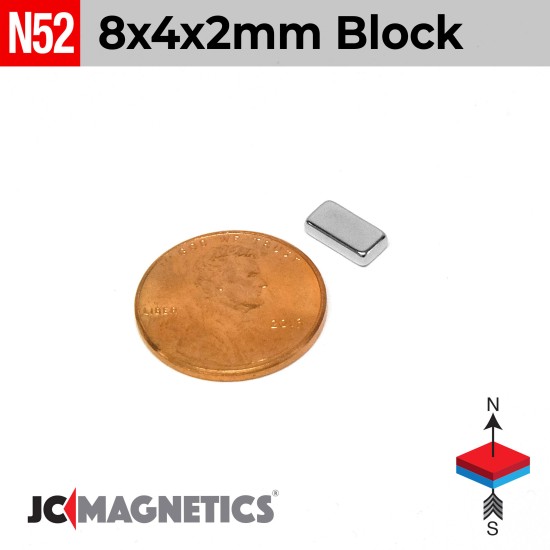 8mm x 4mm x 2mm N52 Rare Earth Neodymium Magnet Block 8x4x2mm