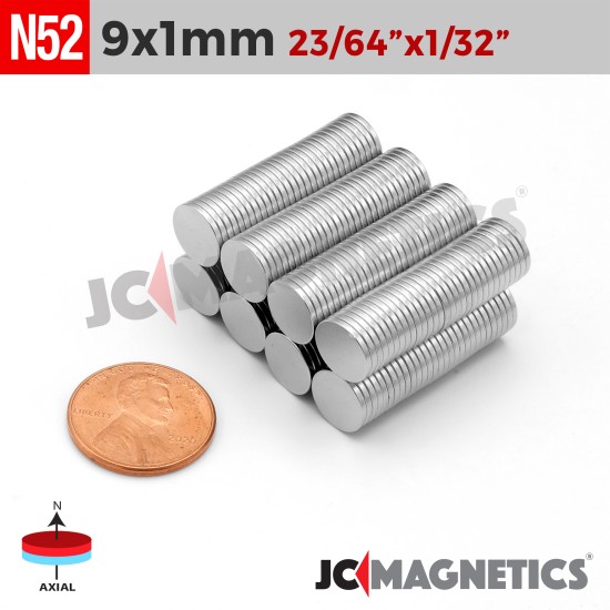9mm x 1mm 23/64in x 1/32in N52 Thin Discs Rare Earth Neodymium Magnet 9x1mm