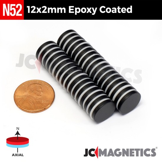 12mm x 2mm 15/32in x 5/64in N52 Epoxy Coated Discs Rare Earth Neodymium Magnet 12x2mm