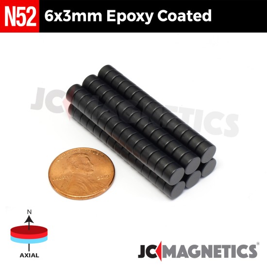 6mm x 3mm 15/64in x 1/8in N52 Epoxy Coated Discs Rare Earth Neodymium Magnet 6x3mm
