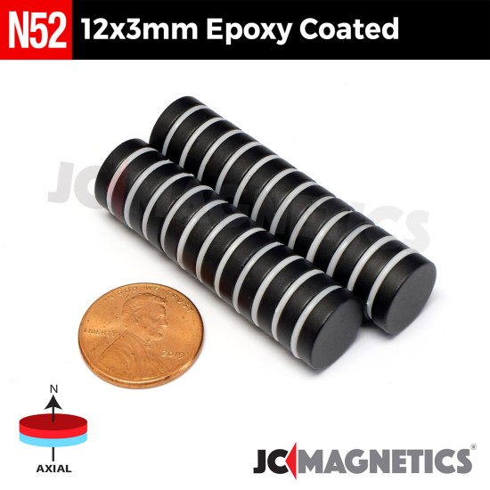 12mm x 3mm 15/32in x 1/8in N52 Epoxy Coated Discs Rare Earth Neodymium Magnet 12x3mm