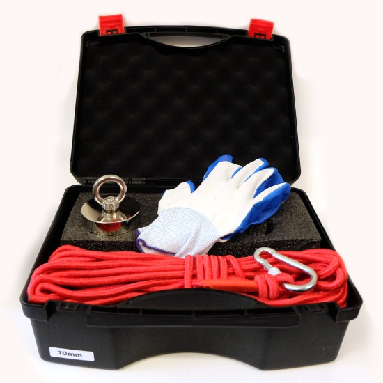 70mm x 17mm 250LB Fishing Magnet Kit - N38 Neodymium, 66ft Rope & Case