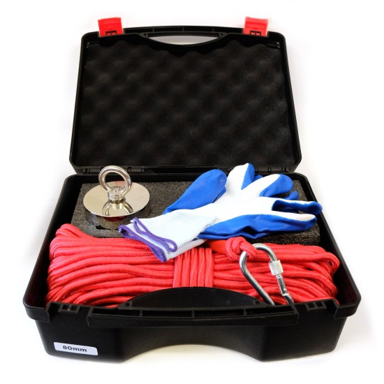 80mm x 18mm 350LB Fishing Magnet Kit - N38 Neodymium, 66ft Rope & Case