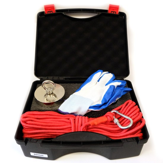 90mm x 18mm 450LB Fishing Magnet Kit - N38 Neodymium, 66ft Rope & Case